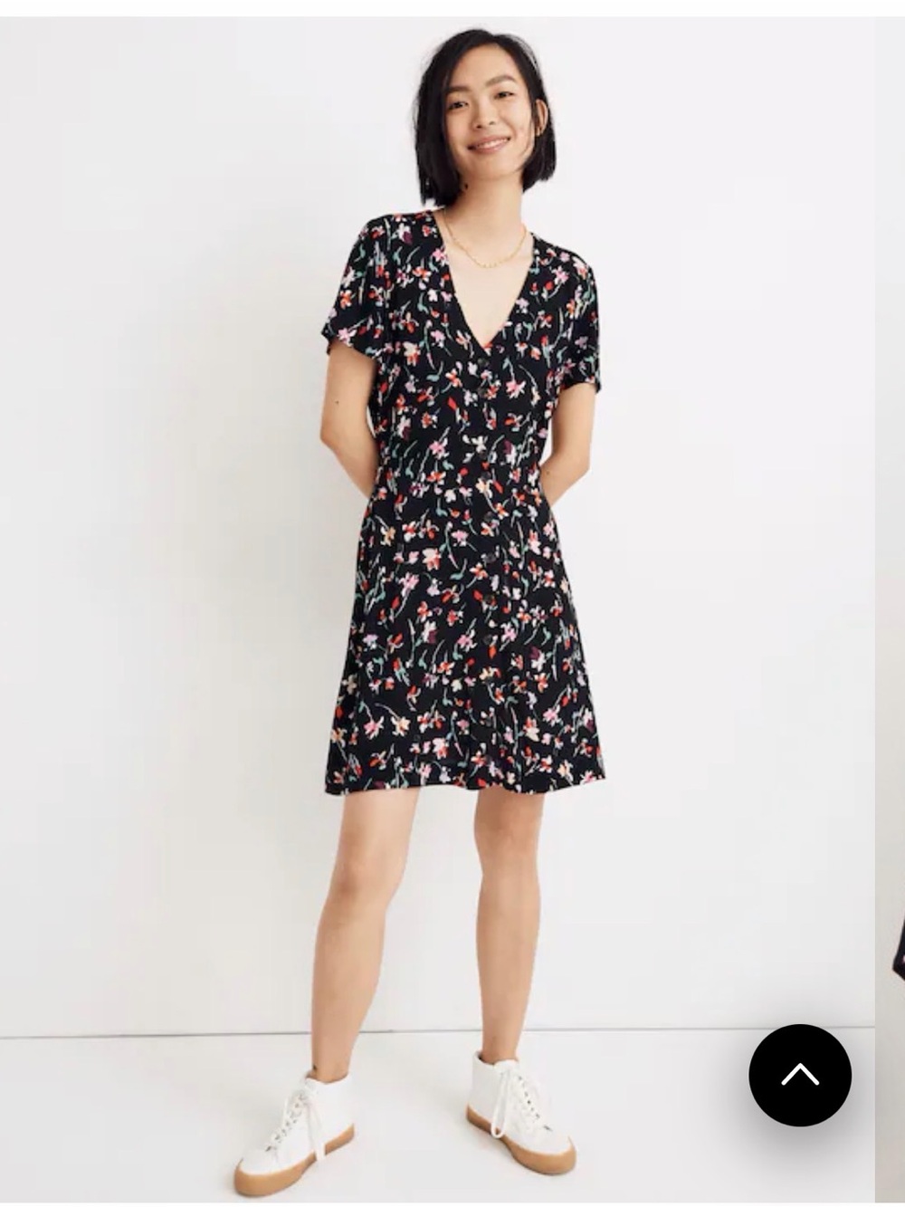 Madewell Black Floral V-Neck Dress with Red, Pink & White Accents